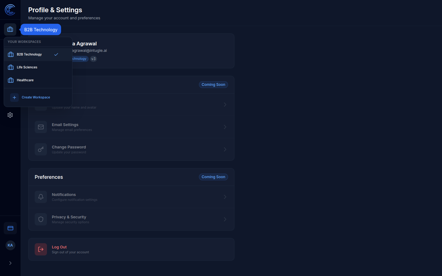 Profile &amp; Settings page