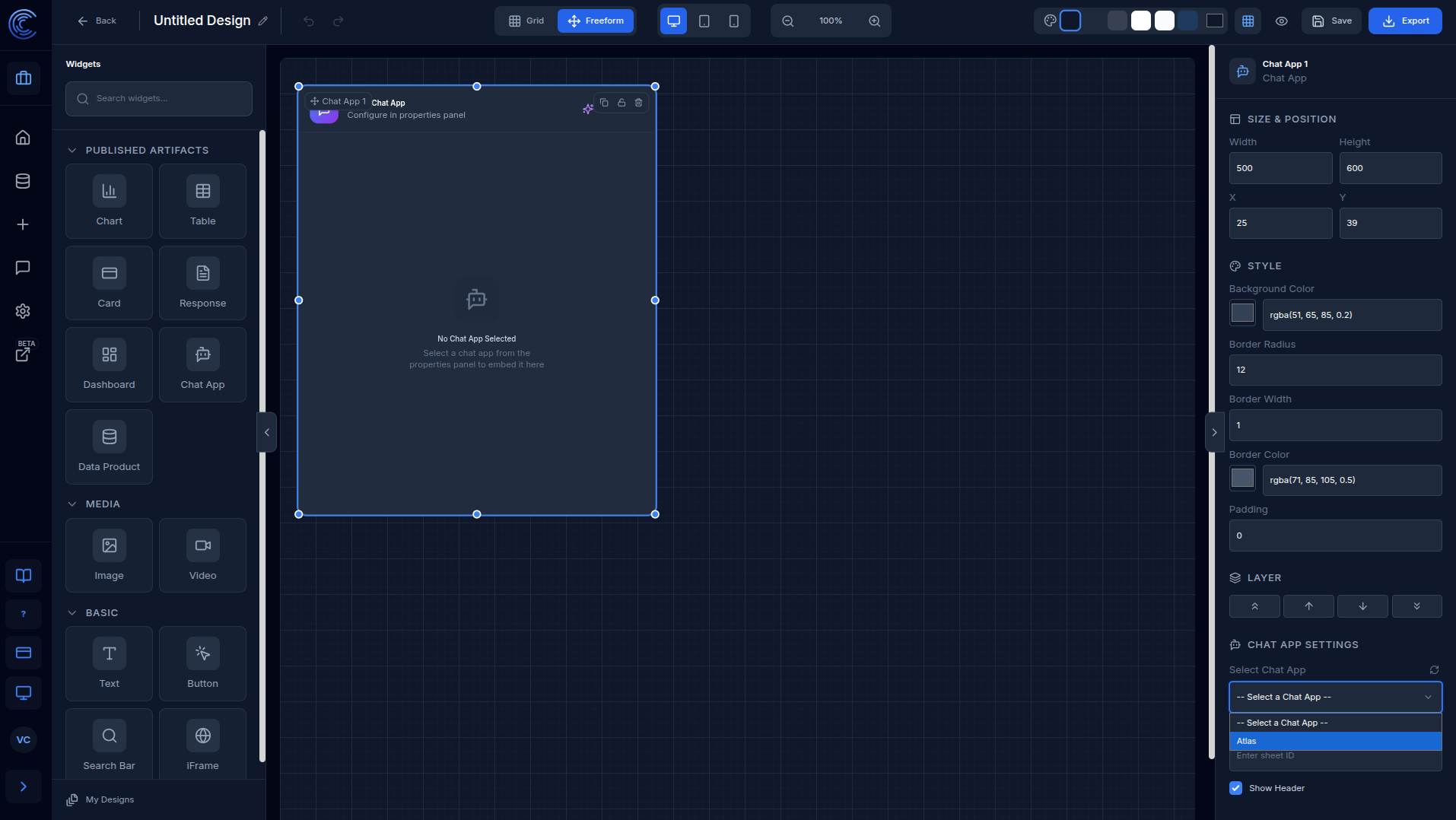 Chat App widget selected in the app designer