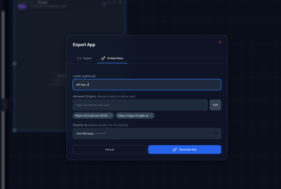 Embed Keys tab showing allowed origins