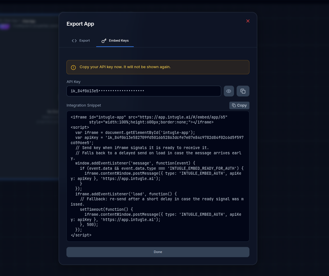 Generated integration snippet in the Embed Keys tab